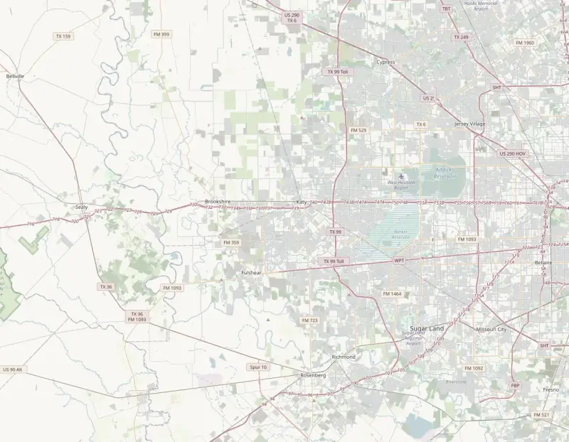 Map of Katy and West Houston showing the communities The Katy Plumbing Company serves: Katy, Cinco Ranch, Fulshear, Houston, Richmond, Sugar Land, Cypress, Memorial, Brookshire, Sealy, Sunny Side, Pattison. Headquartered in Katy.